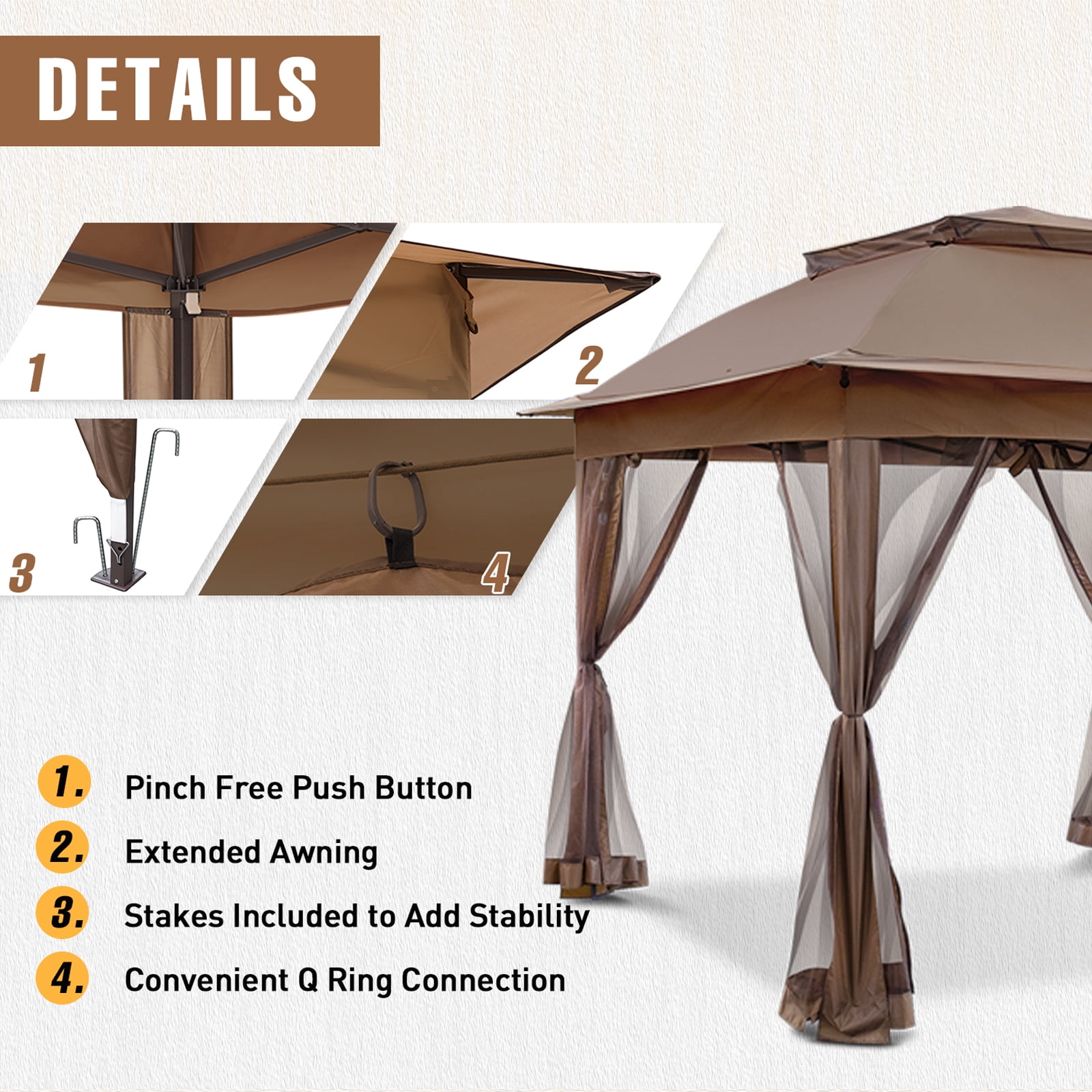 INTER HUT 11x11 Outdoor Pop up Gazebo Tent with Mesh Walls for Patio, Lawn, Backyard and Deck, Brown