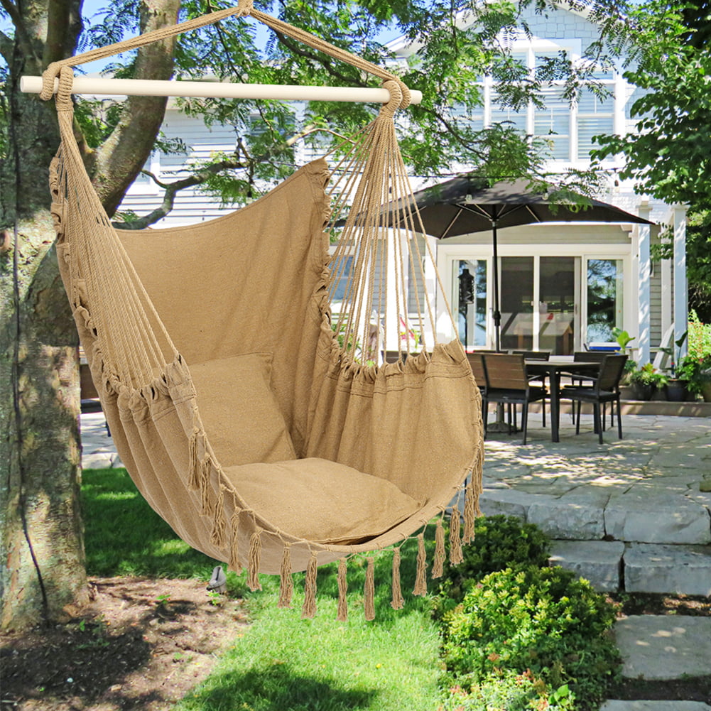 Garden Hanging Rope Chair Portable Porch Seat with Two Cushions for Bedroom Camping Outdoor Support Kids and Adults up to 265 Pounds Hammock Swing Chair Travel Patio Blue Indoor 