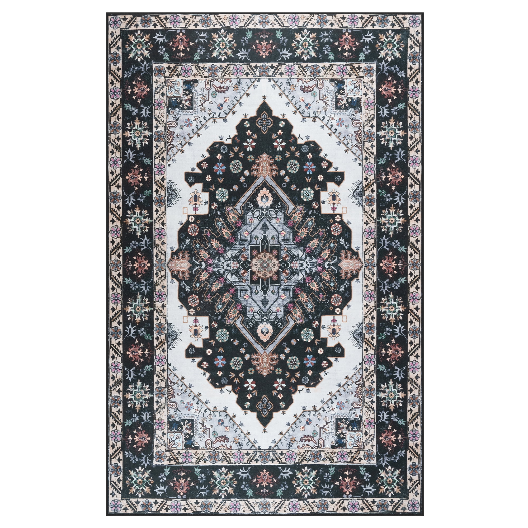 Softlife Ultra-Thin Chenille Vintage Area Rug Oriental Tribal Antique Carpet Boho Style, 5' x 8', Black