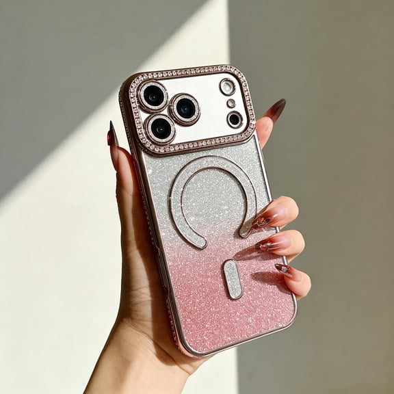 for iPhone 17 Pro Magnetic Glitter Case Compatible with Mag-Safe, Slim Shockproof Anti-Scratch Phone Case with Camera Lens Protector Plating Bling Dust-Proof Net for iPhone 17 Pro, Pink