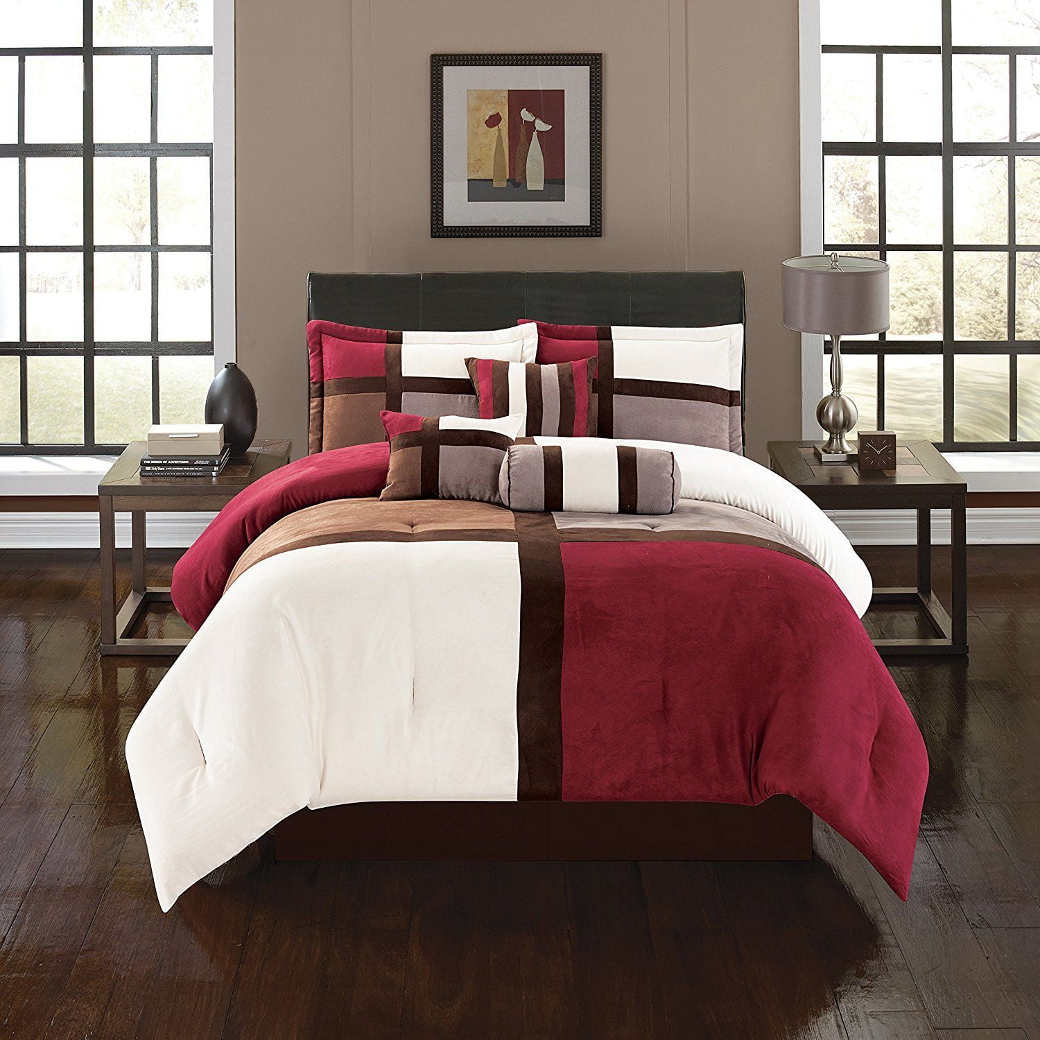 Soft Suede Burgundy Alejandra 7 Piece Comforter Set Queen SIze