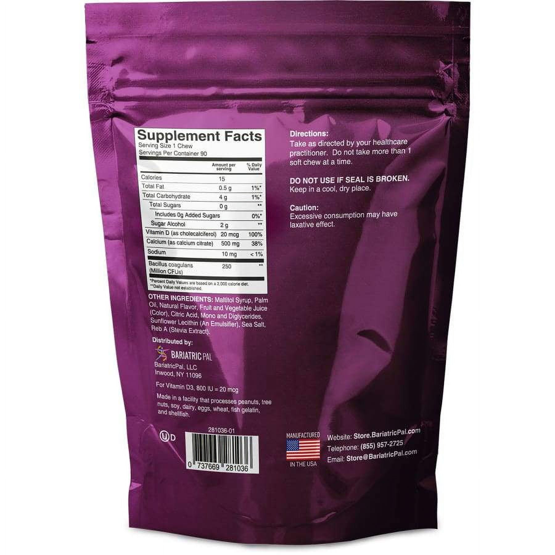 BariatricPal Sugar-Free Calcium Citrate Soft Chews 500mg with Probiotics - Wild Grape Size: 90ct