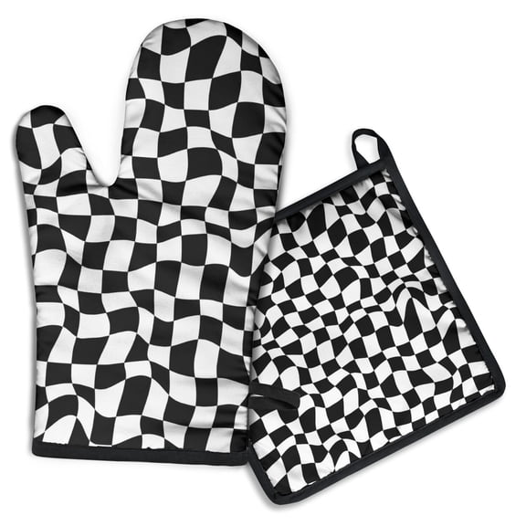 Black and White Wavy Checkerboard Pattern Kitchen Oven Mitt and Pot Holder Sets 2 Pcs for Baking, Cooking and Grilling, Heat Resistant Up To 392 °F