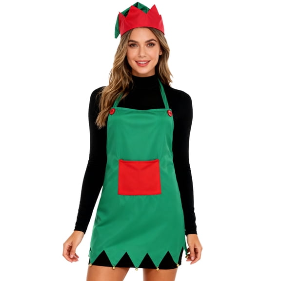 Oyolan Womens 2 Pcs Christmas Kitchen Apron Lace-up Holiday Xmas Cooking Apron Fancy Dress Up Party Wear Type A One Size