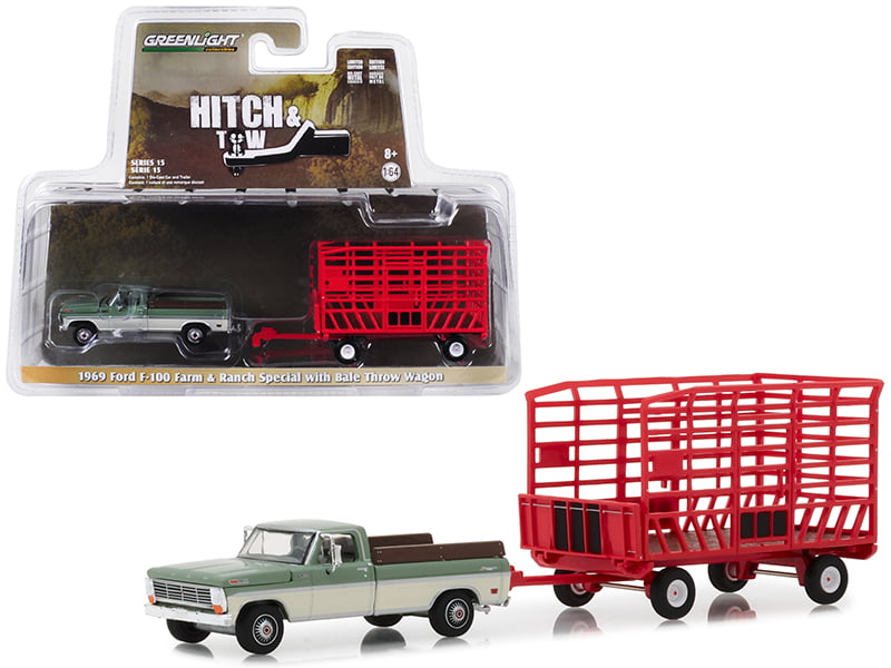 Ford Usa F-100 Pick-Up With Bale Throw Wagon 1969 GREENLIGHT 1:64 GREEN32150A Mo