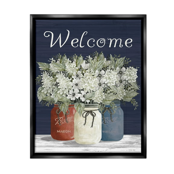 Stupell Industries Welcome with Country Herbs Botanical & Floral Painting Black Floater Framed Canvas Art Print Wall Art, 17 x 21