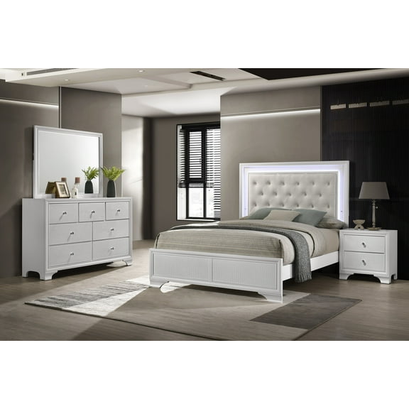 Modern Crisp White Tufted Headboard LED Full Size Bed 4pc Set Bedroom Furniture