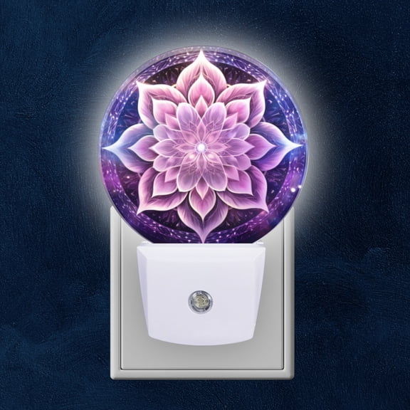 Round LED Night Lights Lamp with Dusk to Dawn Sensor, Beautiful Pastel Purple Lotus MandalWith Light Beams Night Light Plug Into Wall for Kids Room, Bedroom, Bathroom, Kitchen, Hallway