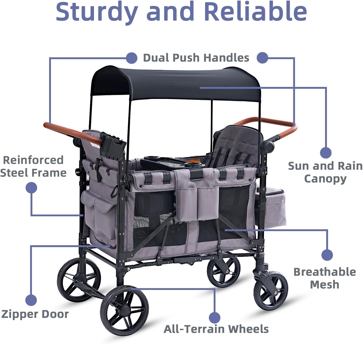 4-Seater Wagon Stroller for Kids, Linor All-Terrain Folding Wagon with Adjustable Push Handles, Removable Canopy, Snack Tray, Large Storage Bag & Phone Holder
