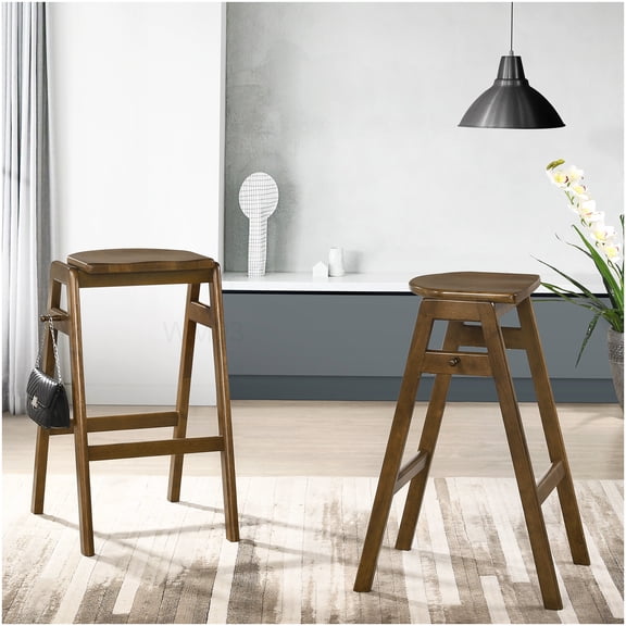 Set of 2 Counter Height Wood Bar Stools, Stackable Modern Design with Contour Seat