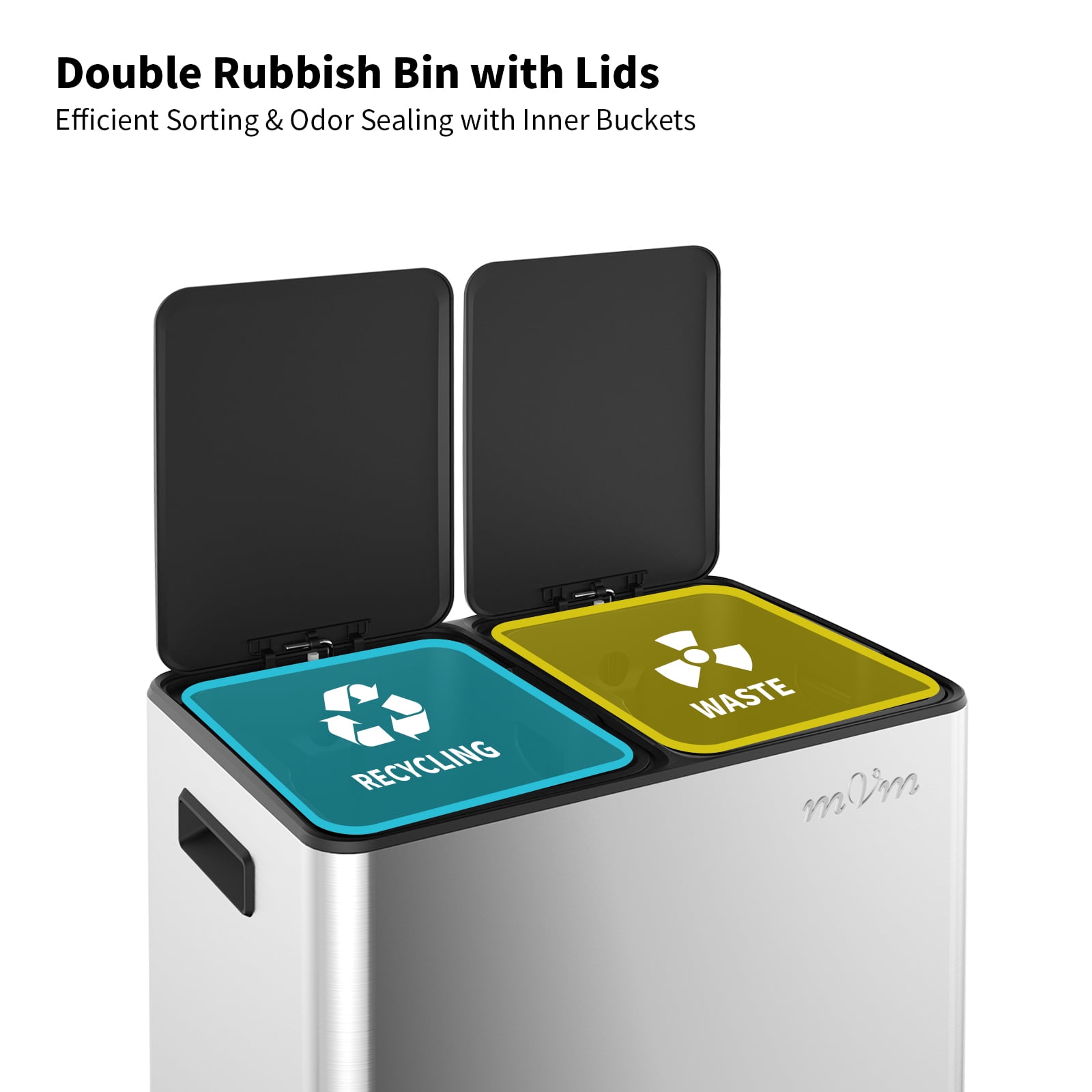 mVm 16 Gal Dual Recycle Trash Can with ABS Lids, Stainless Steel Garbage Can (Silver)