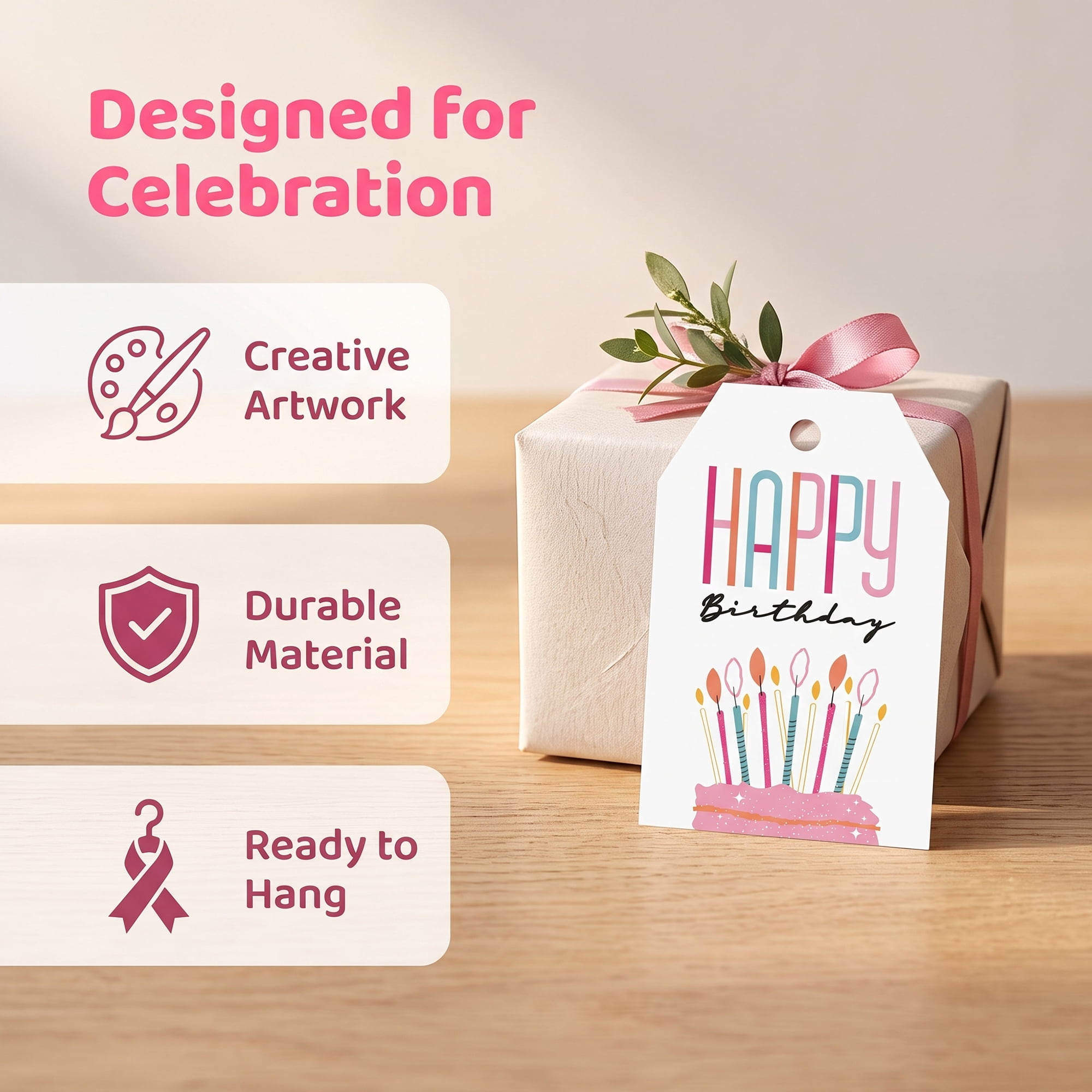 Unique Bargains 100Pcs Elegant Birthday Gift Tags with Twine Tall Font Cake 2" x 3.1"
