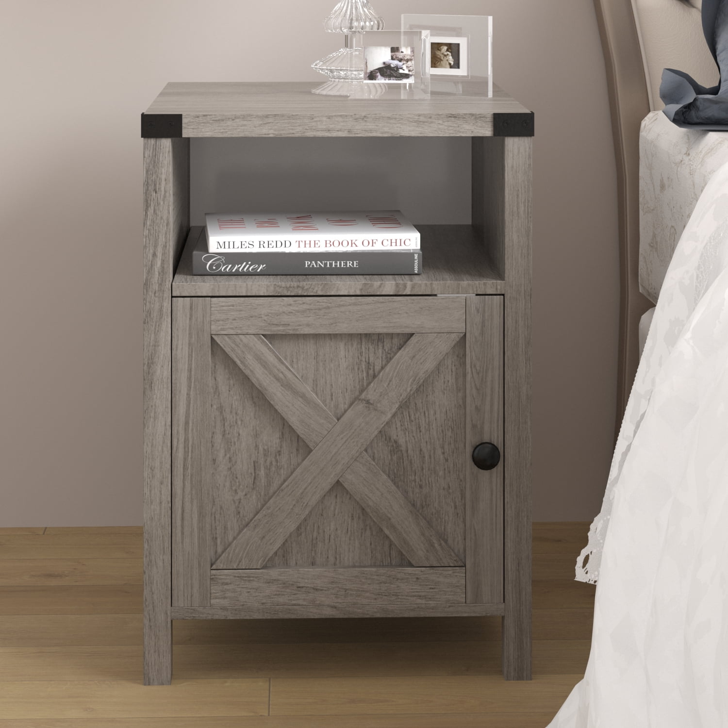 Catrimown Farmhouse Nightstand, Side Table, End Table with Barn Door and Shelf, Rustic Modern Bed Night Stand for Bedroom, Living Room, Grey Wash