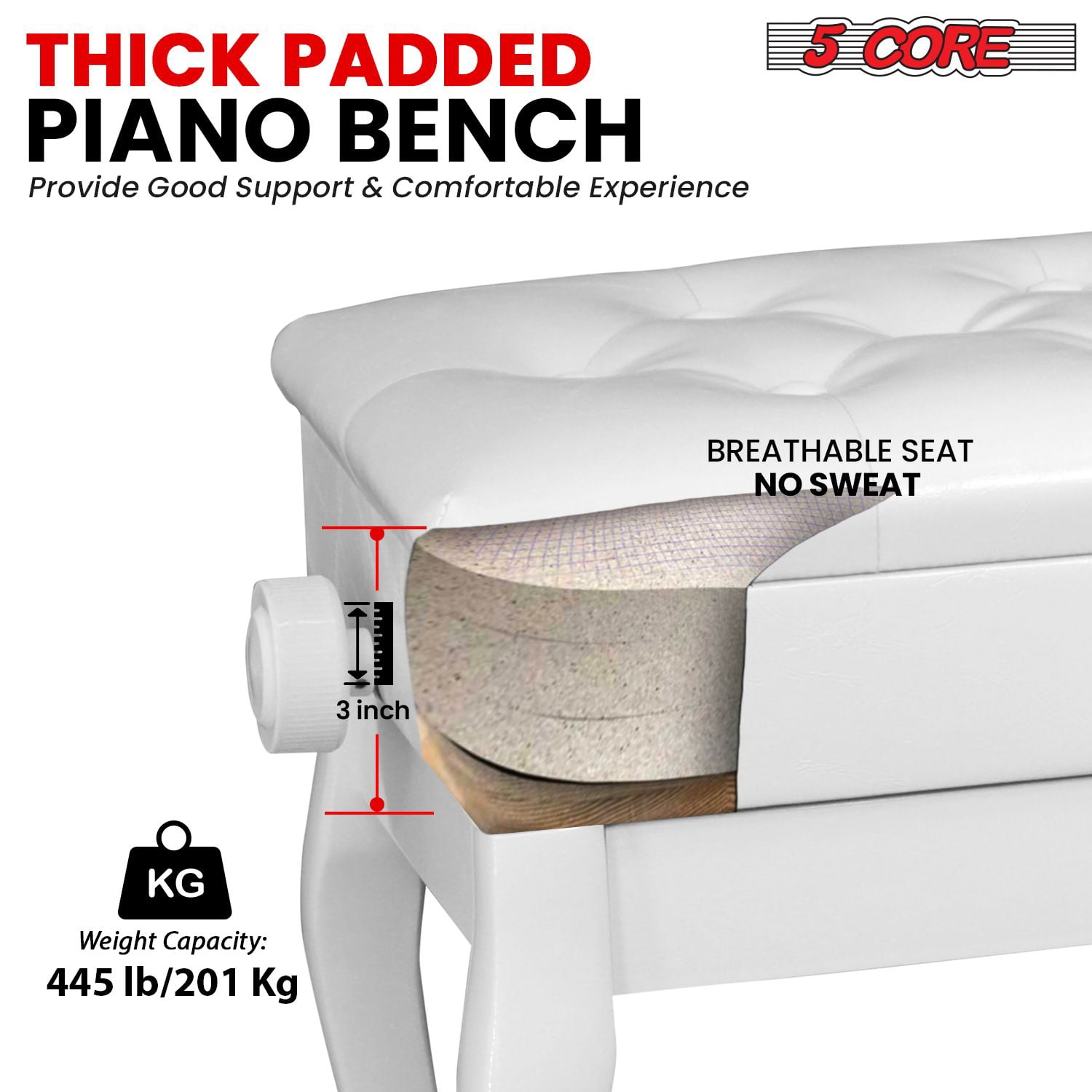 Piano Bench Wooden Height Adjustable Stool Heavy Duty Keyboard Seat with Storage - PNB WD HD WH