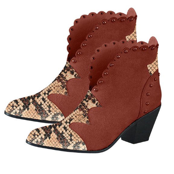 huanledash Autumn Winter Women Pointed Toe Faux Leather Thick Heel Rivet Patchwork Boots