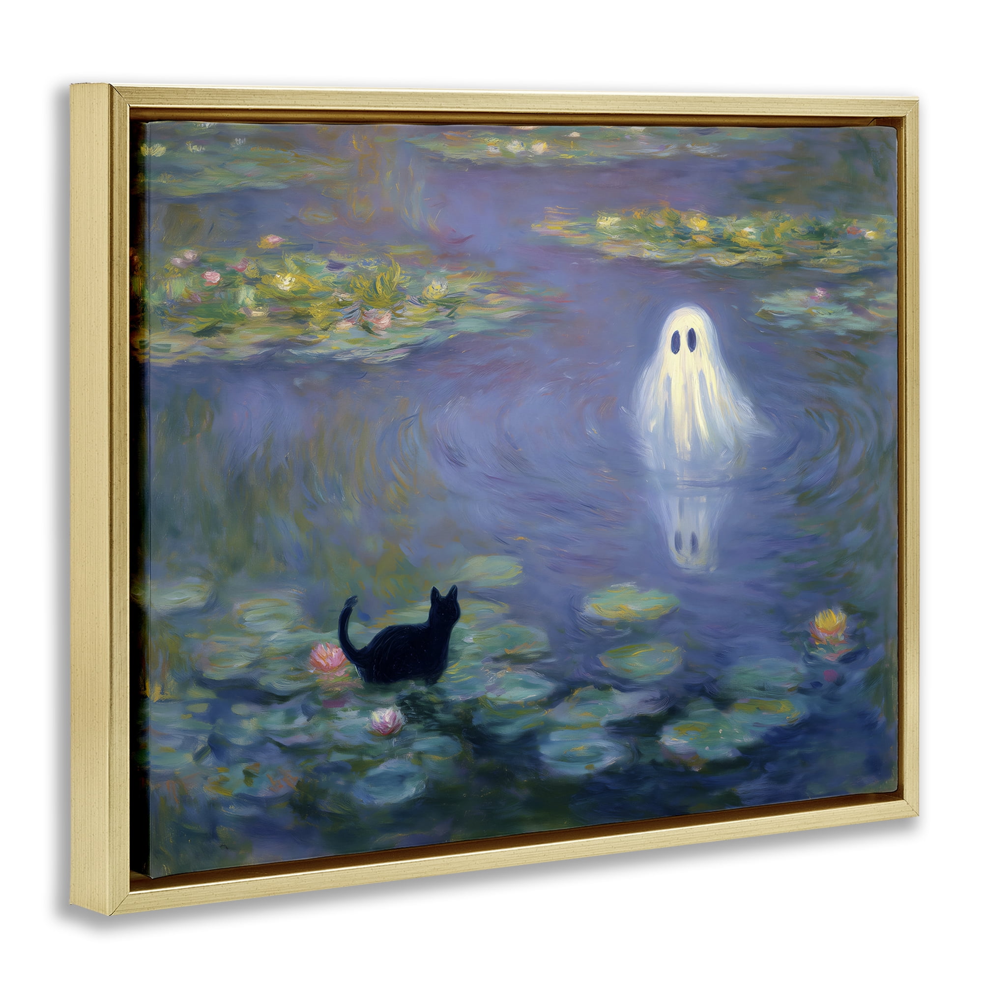 Water Lilies with Ghost & Kitty Gold Framed Floater Canvas Wall Art, design by Arlington Prints