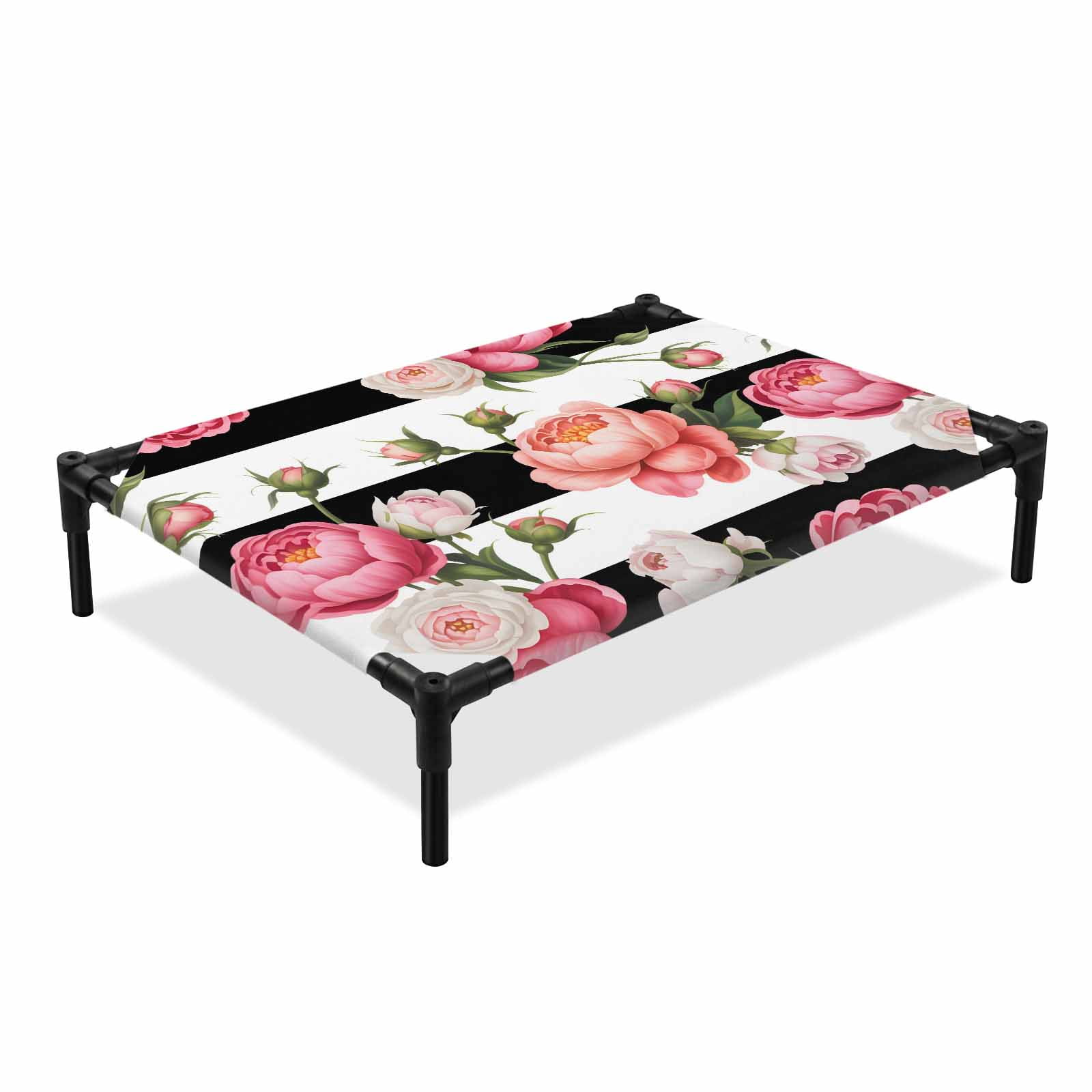 Pink Peony Elevated Dog Bed Flowers Black And White Stripes Cooling Breathable Outdoor Raised Dog Cot Bed with Metal Frame Non-Slip Feet for Large Dog 28x22in