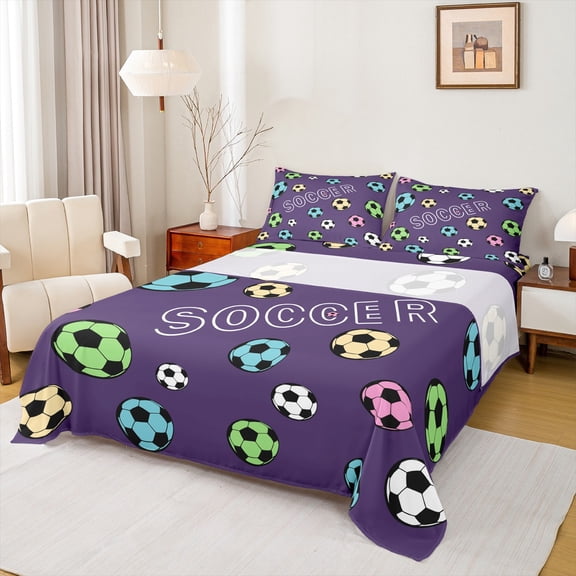 jejeloiu Colorfull Soccer Twin Sheet Sets,Football Sport Game Twin Fitted Sheet,Teens Ball Lovers Flat Sheet For Girls Boys,Luxury Bedroom Decor,3pcs