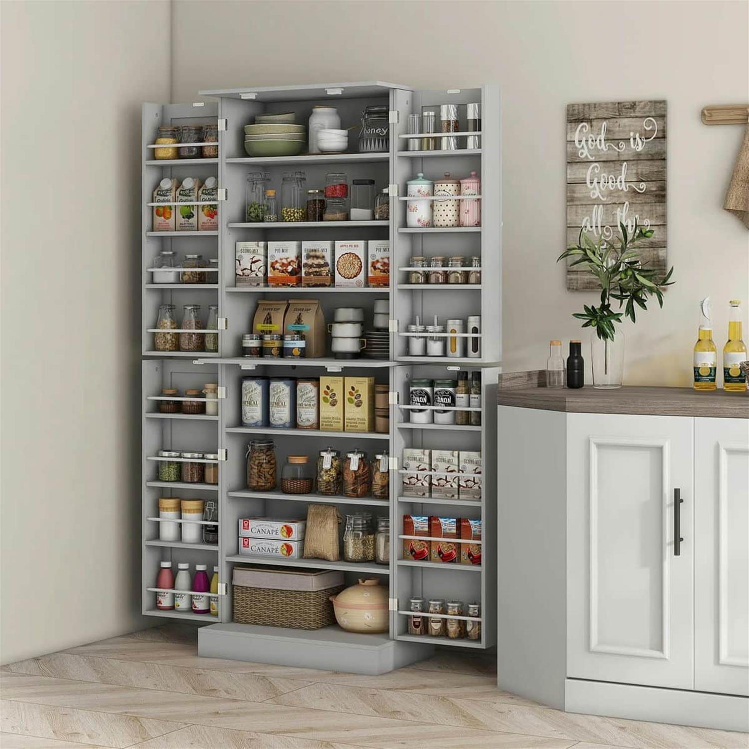 Demi Bonn 65" Kitchen Pantry Cabinet, 4-Door Storage with 16 Shelves for Dining Room, Space-Saving Kitchen Organization, Gray