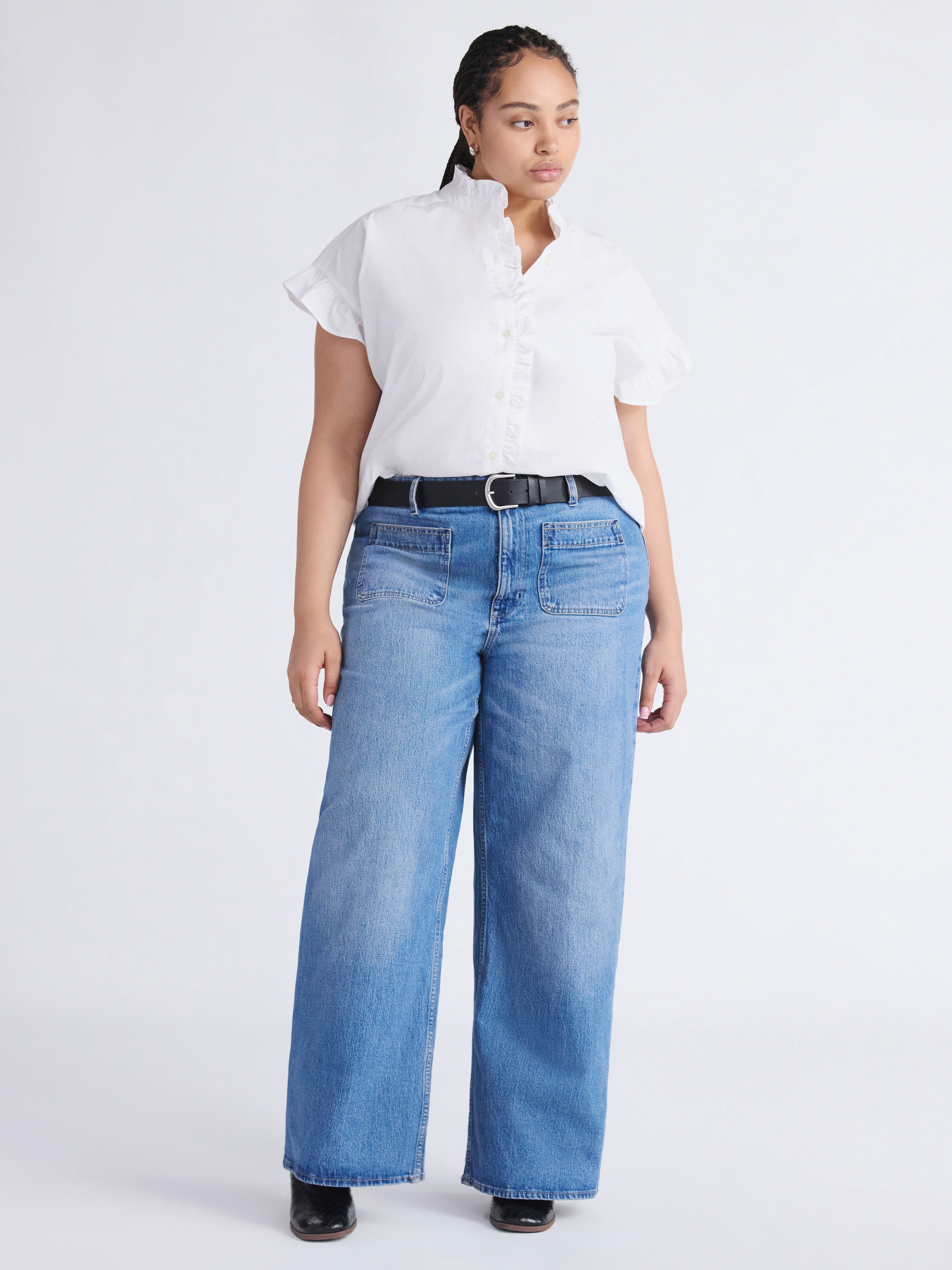 Free Assembly Women's and Women's Plus Ruffle Trim Neck Top with Short Sleeves, Sizes XS-4X