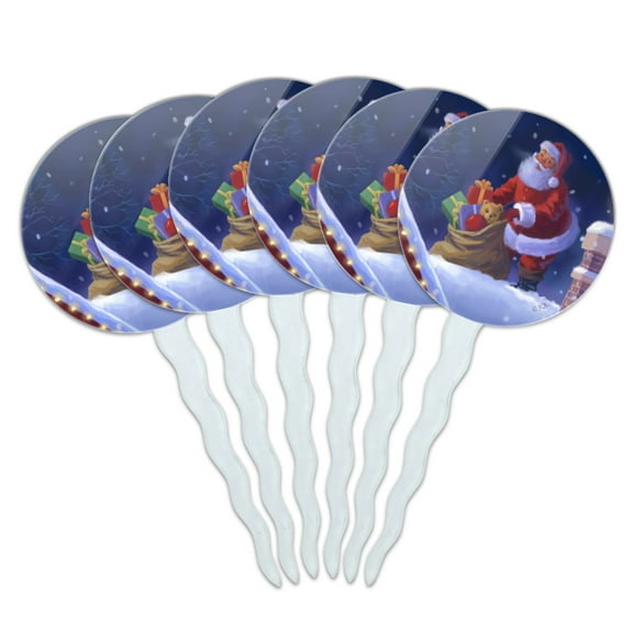 Christmas Holiday Rooftop Santa Cupcake Picks Toppers Decoration Set of 6