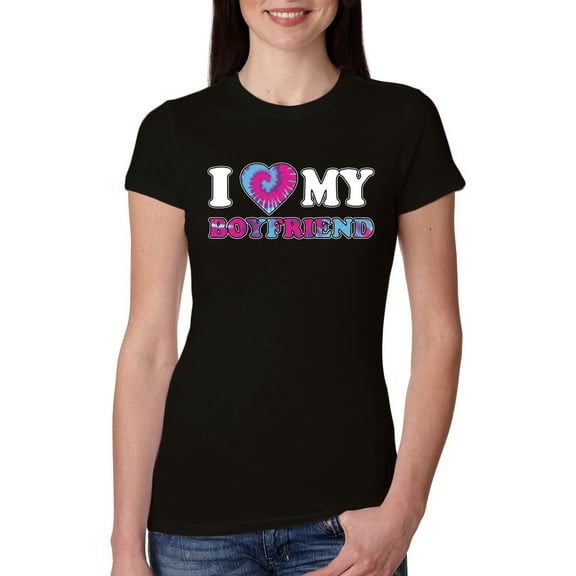I Love My Boyfriend Tie Dye Pop Culture Womens Slim Fit Junior Tee, Black, Small