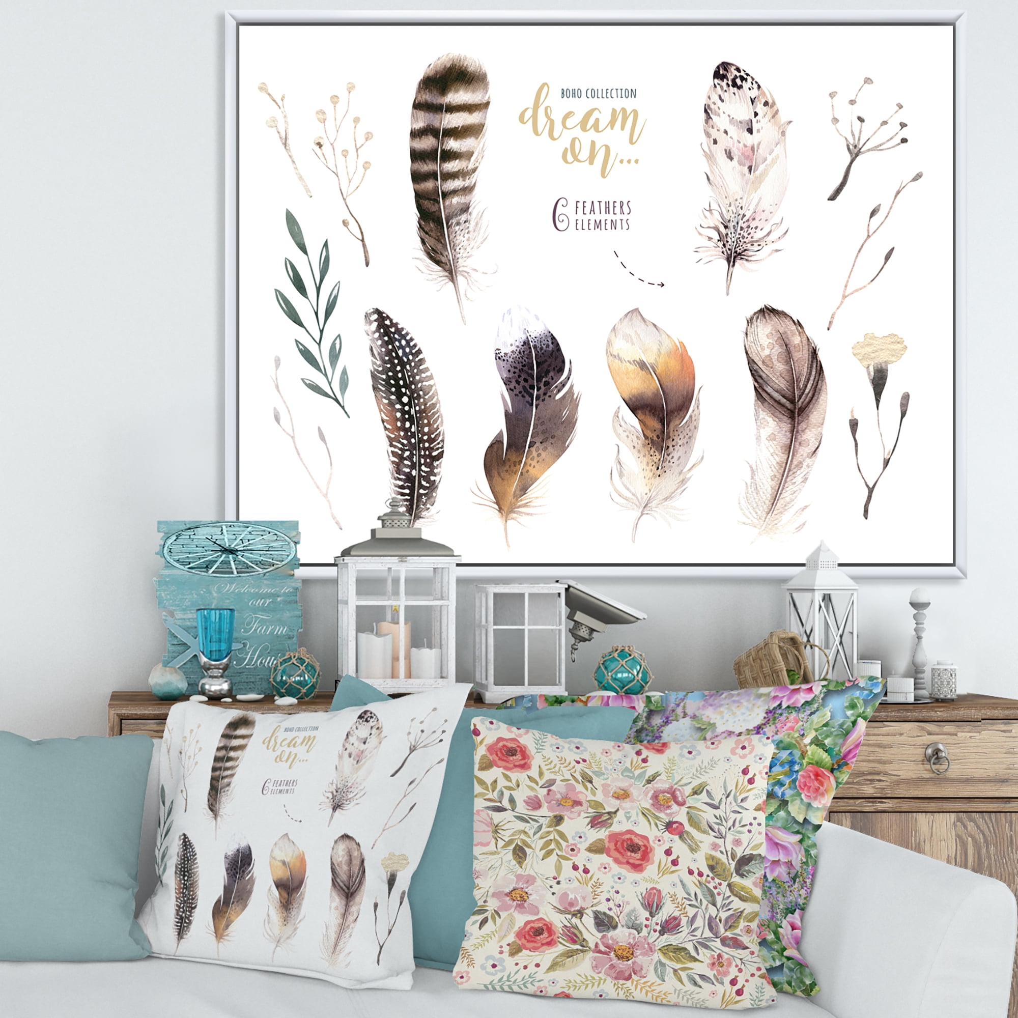 Designart 'VIbrant Orange Boho Feathers' Bohemian & Eclectic Framed Canvas Wall Art Print