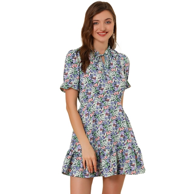 Vestido De Manga Abullonada Corta De Gasa Con Pajarita Floral Con Volantes Para Mujer Negro XS