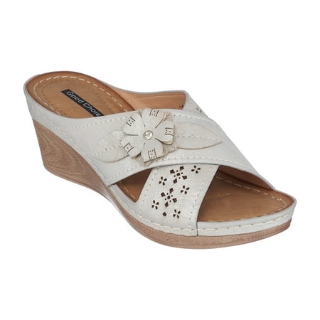 

GC Shoes Womens Open Toe Memory Foam Wedge Sandals Summer Platform Heels Low Heeled Flower Crossband Slides Dory/Silver/8.5