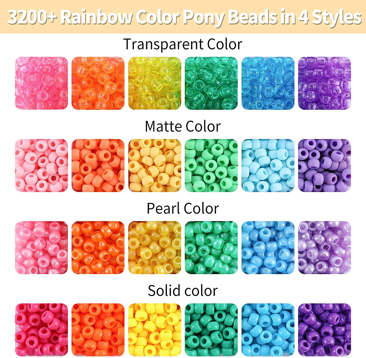  18 Color 9 mm Hair Beads for Hair Braids, Rainbow Pony Beads  Kit for Jewelry/Bracelets Making, Kandi Beads Hair Beader and Rubber Band  for School Gift
