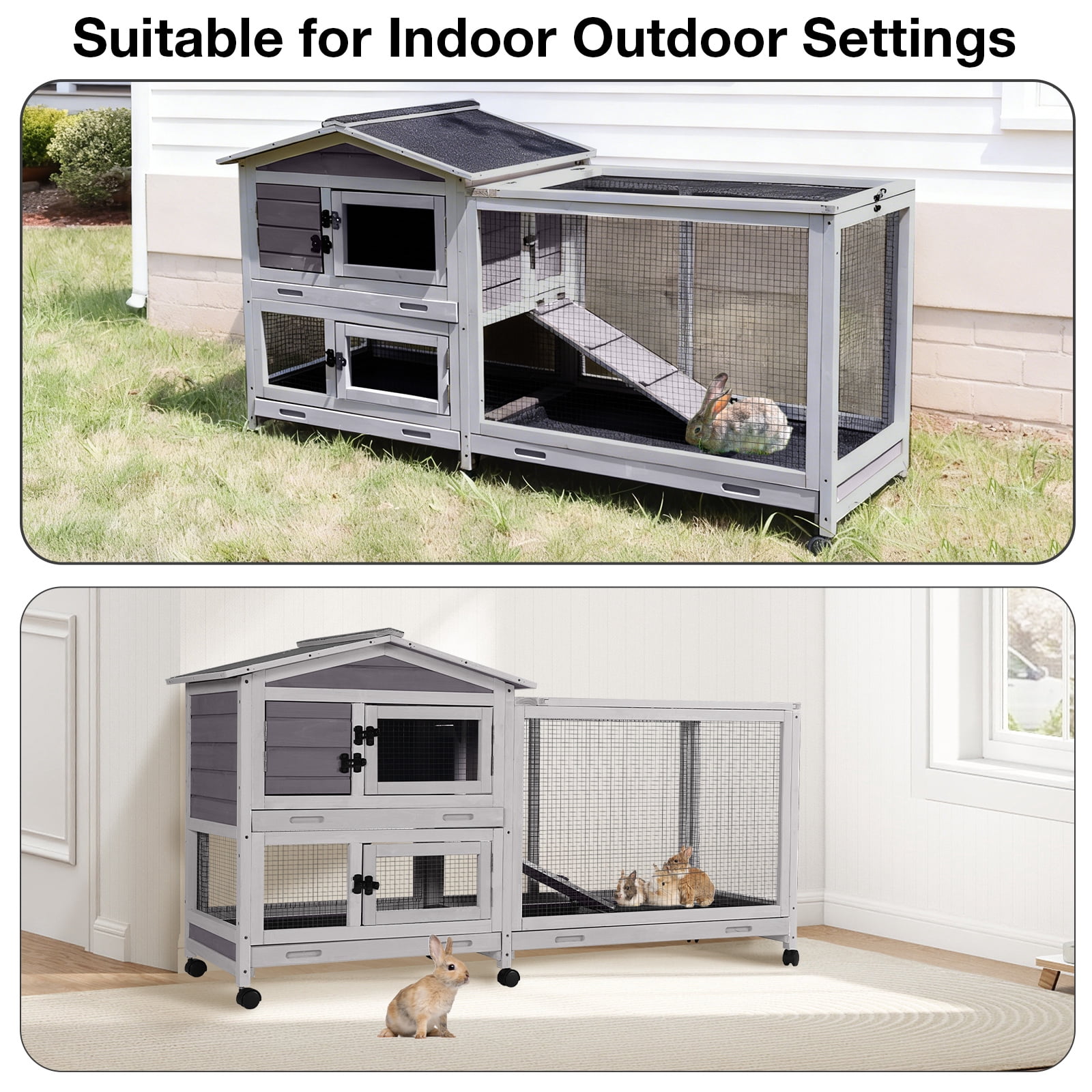 Aivituvin 62" Rabbit Hutch with Wheels for Outdoor & Indoor, 2-Story Bunny Cage with Pull Out Tray, Chew-Proof Ramp, Waterproof Roof