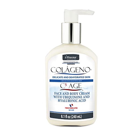 Crema con Péptidos de Colágeno tipo l lll llV Vll y XVll Enriquecida con Ácido Hialurónico, Q10 Colágeno C5 AGE 240 ml