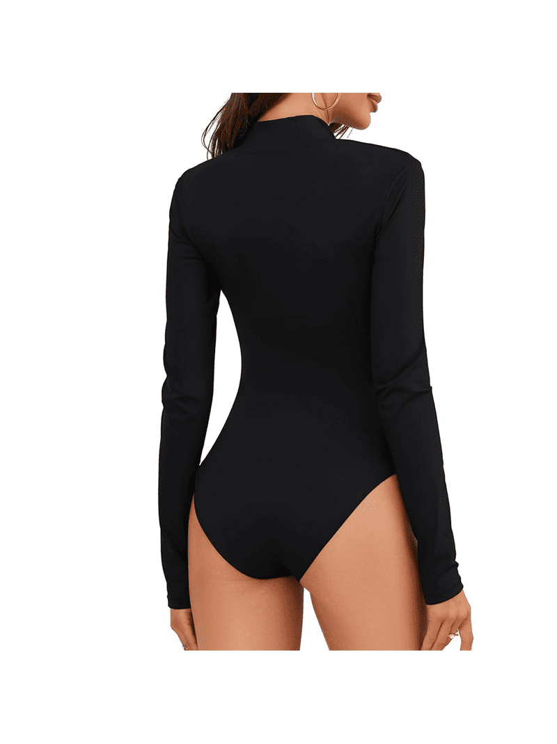 Body Suit Tummy Control Bodysuit Deep V Neck Zip Up Long