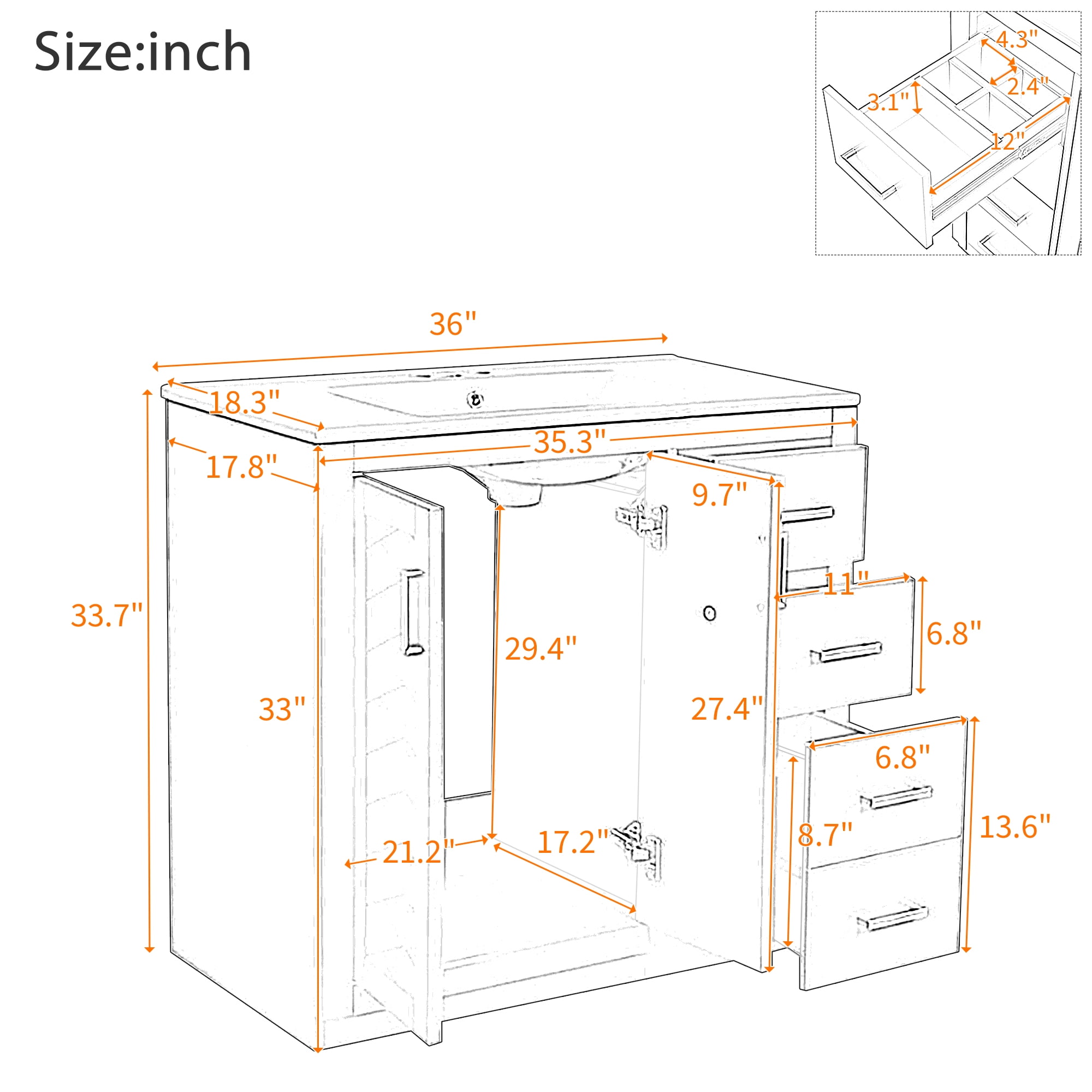 Euroco 36'' Bathroom Vanity with Ceramic Sink Combo, Solid Wood Frame Bathroom Storage Cabinet, Freestanding Vanity Set with 3 Drawers& Soft Closing Doors