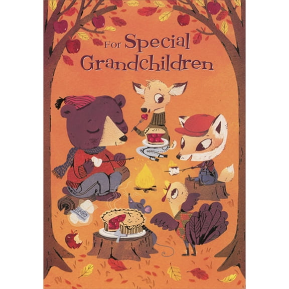 Designer Greetings Cute Forest Animals Eating Pie and Roasting Marshmallows Around Campfire Thanksgiving Card for Grandchildren