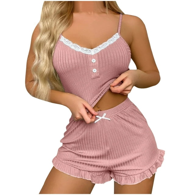 Jamicy Loungewear Set for Women Solid Color Button Down Pajama Set V-Neck Suspender Lace Sleeveless Top + Shorts Loungewear Set