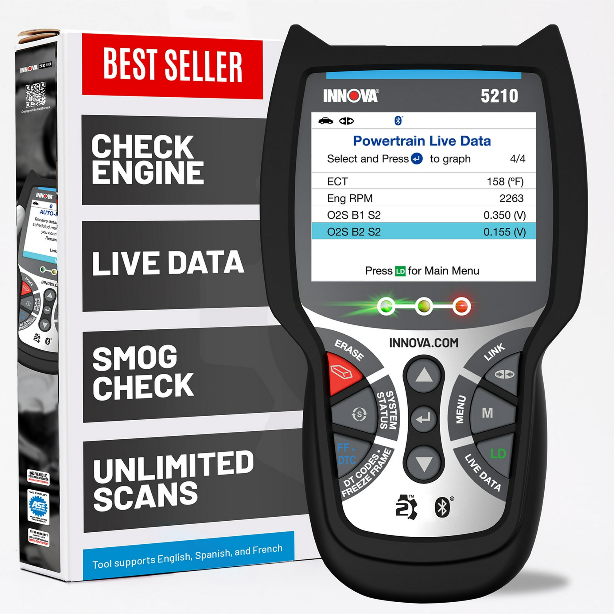 Innova 5210 OBD2 Scanner & Engine Code Reader Battery Tester Live Data Oil Reset Car Diagnostic Tool for Most Vehicles Bluetooth Compatible with Free RS2 App