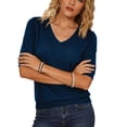 thumbnail image 2 of Garbnen Ribbed Tshirt Women Knitted V Neck Half Sleeve Shirts for Women Fitted Spring Stretch Basic Women's Tunic Sweater Blue M, 2 of 5