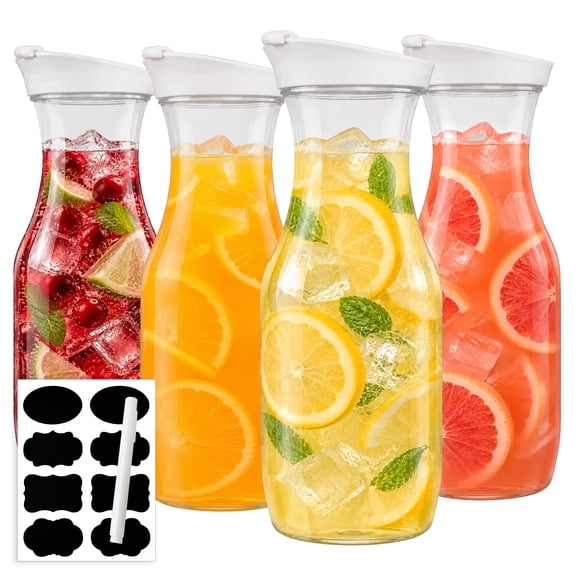TARNIQOZ Plastic Carafe with Lid Set of 4, 35 Oz Round Base Juice Containers, Clear Water Pitcher for Juice, Milk, Iced Tea, Lemonade and Beverage