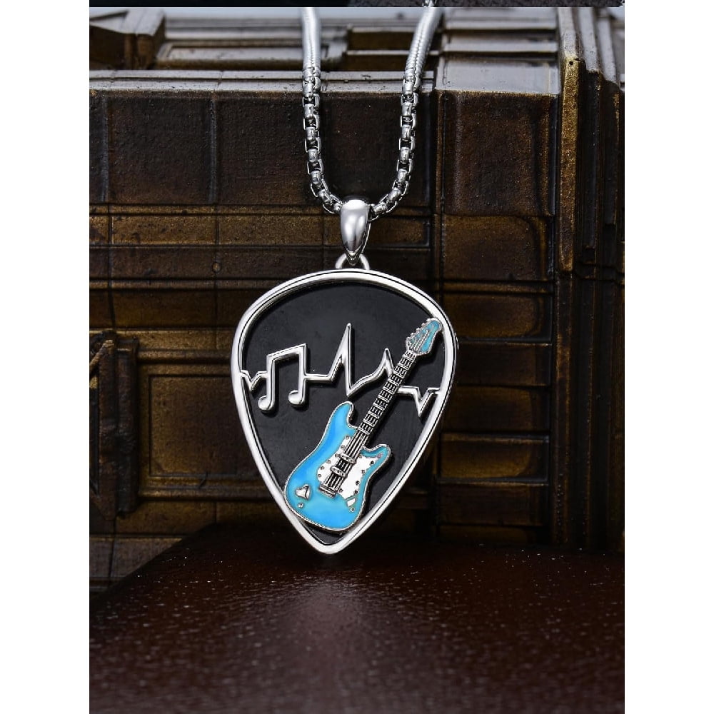 CACA LADY Black Guitar Pick Holder Necklace Sterling Silver Soundwave Pendant Holder with Music Note Pendant Jewelry for Musicians and Music Lovers, Blue