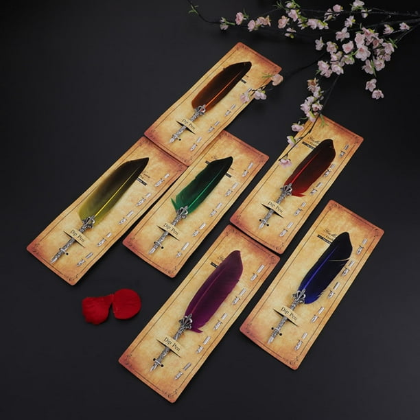 Caja de regalo de plumas de pluma | Pluma de latón pulida a mano con plumilla de oro | Tintero de vidrio, 6 cartuchos de tinta de archivo, reposacuerdos de cuero | Colección de Escritura Elegante