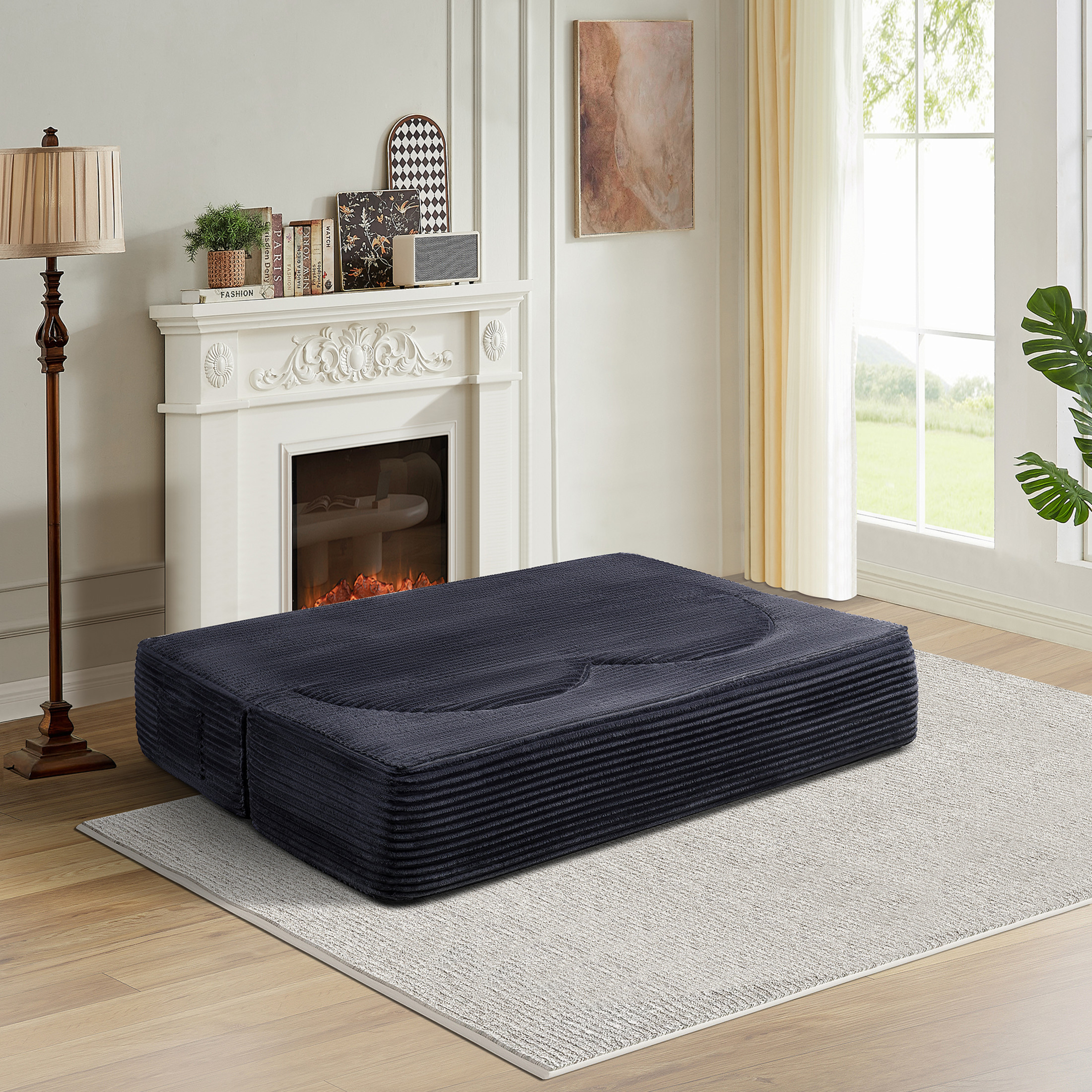 Noble House Solley 79" Folding Sofa Bed, Corduroy Tri-Fold Floor Double Sofa, Space-Saving Guest Bed, Dark Grey