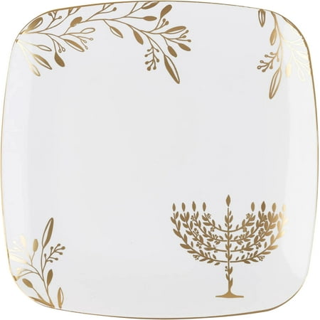 EcoQuality 10" inch Square Plastic Plates Heavy Duty Plastic Hanukkah Dinner Plates with White Gold Chanukah Design Hanukkah Party Disposable Entree Plate China Like Blue Charger Plate (120 Pack)