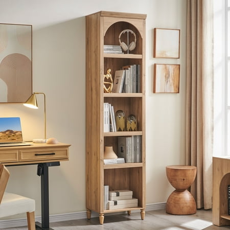 SinCiDo Tall Arched Bookcase, 5-Tier Narrow Bookshelf with Open Display Shelves for Living Room, Natural