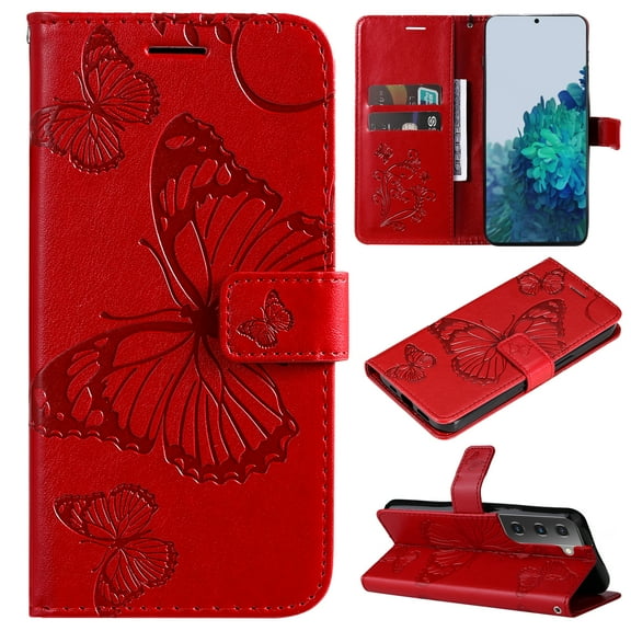 for Samsung Galaxy S22 Wallet Case, Kickstand Case with Credit Card Holder, Embossed Butterfly Pattern with Strap Premium PU Leather Magnetic Closure Shockproof Protective Flip Cover, Red