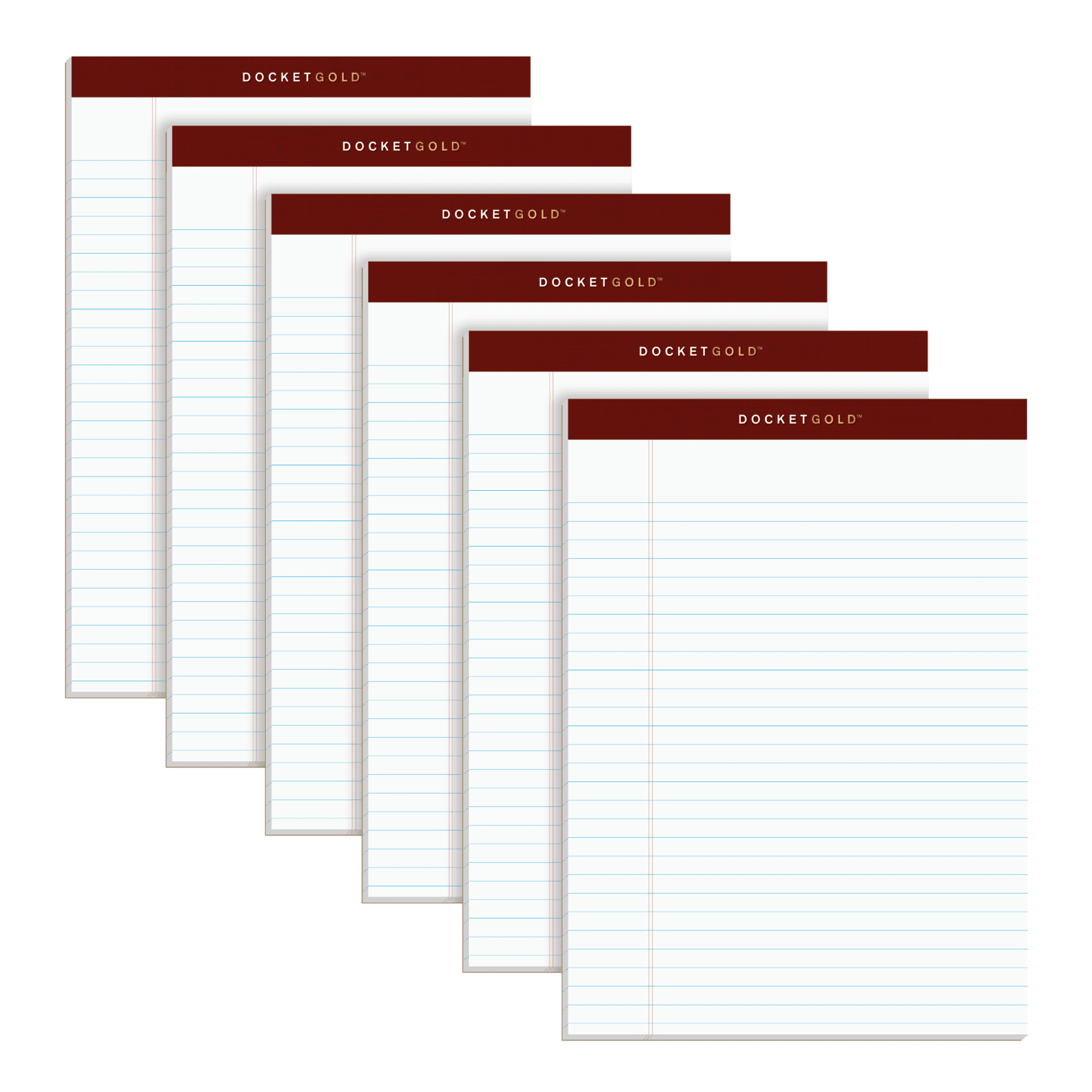 TOPS™ Docket Gold™ Premium Writing Pads, 8 1/2' x 11 3/4', Legal Ruled, 50 Sheets, White, Pack Of 6 Pads