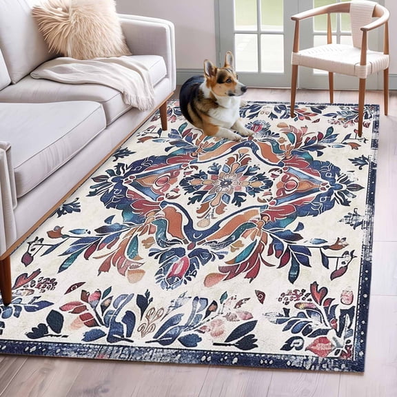 3'x5' Area Rugs, Boho Navy Blue Indoor Outdoor Area Rug for Living Room Bedroom, Vintage Southwestern Geometric Art Washable Bathroom Rugs Kitchen Floor Carpet Mats Home Decor Aesthetic