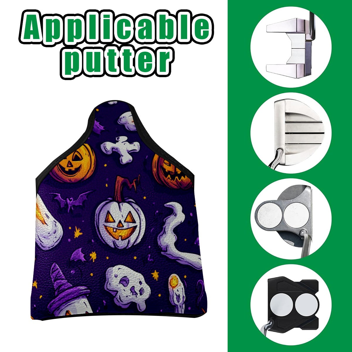 Golf Mallet Putter Cover Premium Leather Waterproof Golf Putter Head Cover with Magnetic Closure Halloween Cartoon Style