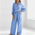 thumbnail image 2 of Morttic Women's 2 Piece Long Sleeve Button Down Shirt & Wide Leg Pants Set – Elegant Solid Color Casual Work Outfit Sky Blue，S, 2 of 6