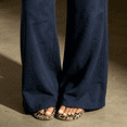 thumbnail image 4 of Morttic Women's Solid Color Drawstring Elastic High Waist Loose Wide Leg Pants with Pockets Beach Vacation Lounge Pants Navy Blue，XXL, 4 of 6